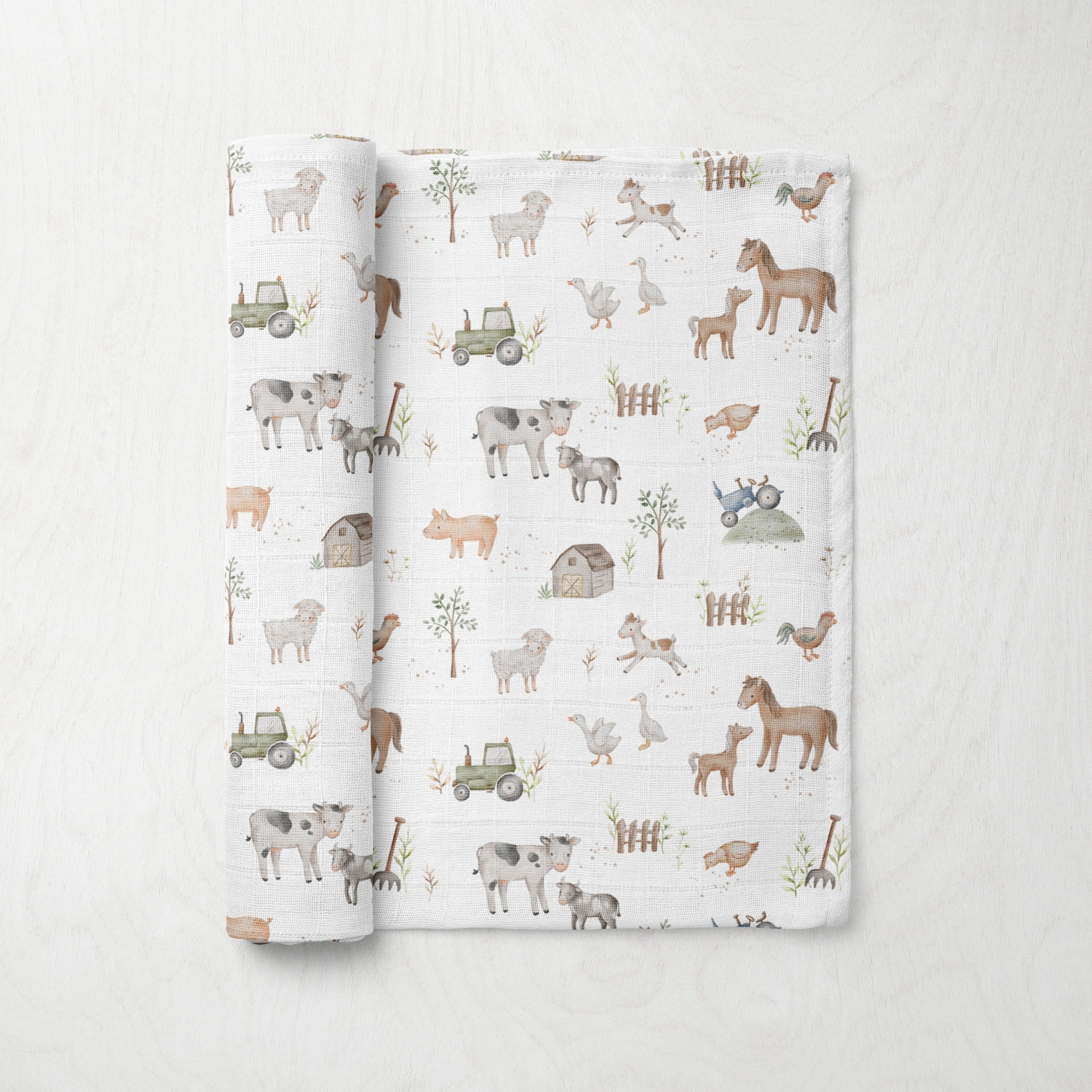 Silky Soft Organic Cotton & Bamboo Muslin Swaddle Blanket - Farm Animals