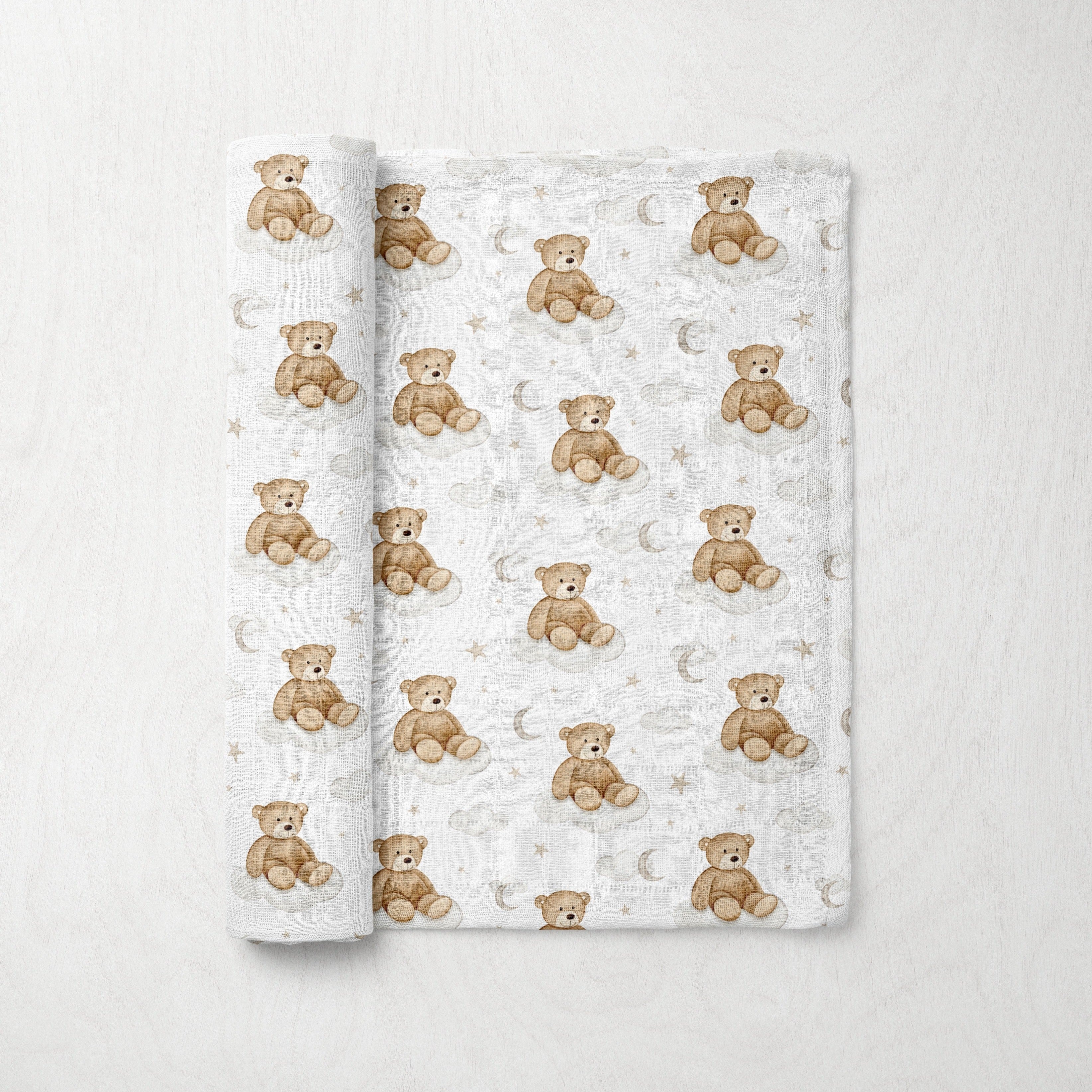 Silky Soft Organic Cotton & Bamboo Muslin Swaddle Blanket - Teddy Bear