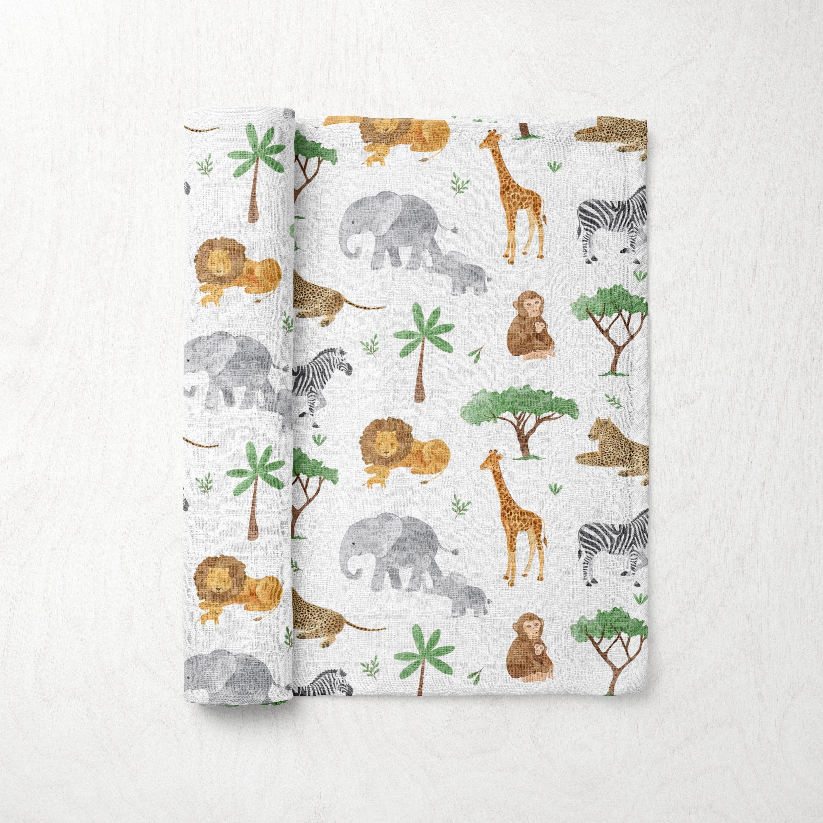 Silky Soft Organic Cotton & Bamboo Muslin Swaddle Blanket - Safari Animals