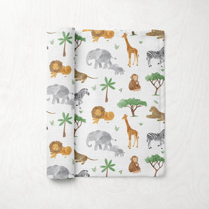 Silky Soft Organic Cotton & Bamboo Muslin Swaddle Blanket - Safari Animals